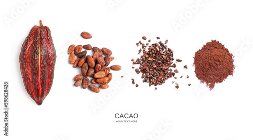 Creative layout made of cacao fruit, cacao beans, cacao nibs and powder on white background. Flat lay. Food concept. Macro  concept. photo