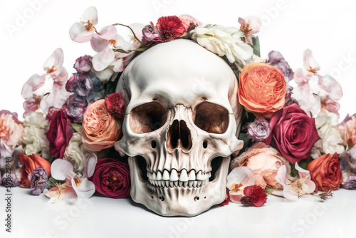 Scull with flower wreath on it. Isolated on white background. Digitally generated AI image
