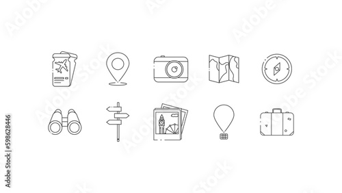 10 Outline Icons about Travelling. Tickets, location mark, photo camera, map, compass, binoculars, direction, pictures, air balloon and suitcase.