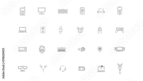 24 Electronic Device Icons, collection of icons such as mobile phones, computers, keyboards, headphones, watch, musical instruments, game console, web cameras and etc.