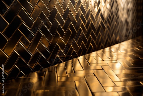 A shiny, golden herringbone 3D mosaic tile wall created from stacked bullion blocks. Rendered in 3D. Generative AI