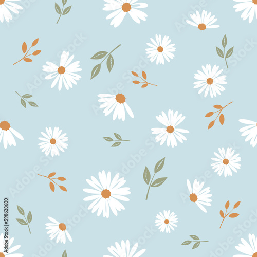 Seamless pattern with daisy flower and green branch on green mint background vector.