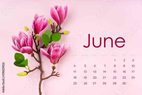 The June 2023 calendar page with pink magnolia flower on pink background.