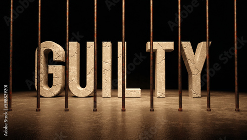 Guilty text word behind bars, in jail behind bars concept wide banner