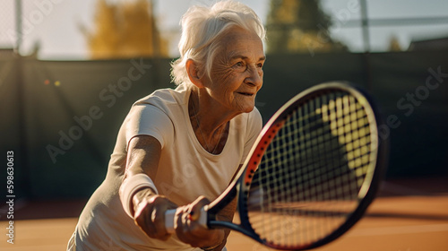 An elderly woman playing tennis on a sunny day, hitting a powerful backhand shot with two hands - ai generative