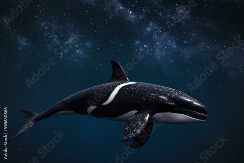 Dark killer whale outlined against a starry sky. Generative AI
