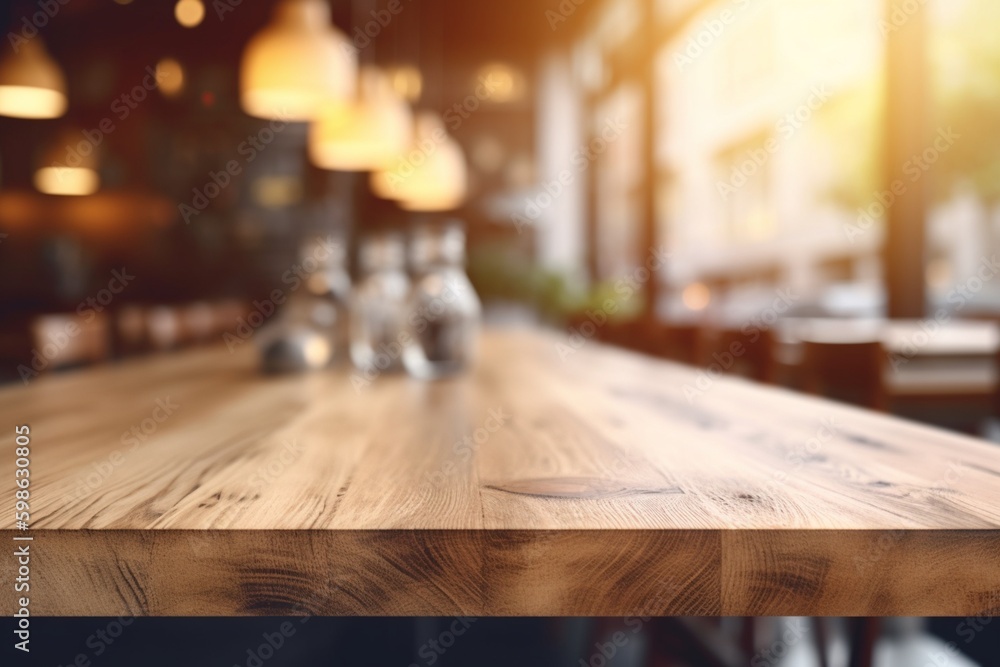Empty Wooden Table Top with Blurred Interior Background: Natural Wood Created with Generative AI Empty Wooden Table Top with Blurred Interior Background: Natural Wood Created with Generative AI