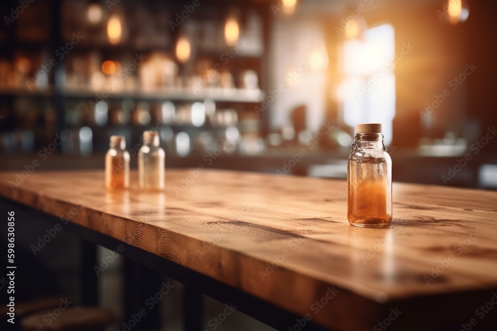 Empty Wooden Table Top with Blurred Interior Background: Natural Wood Created with Generative AI Empty Wooden Table Top with Blurred Interior Background: Natural Wood Created with Generative AI