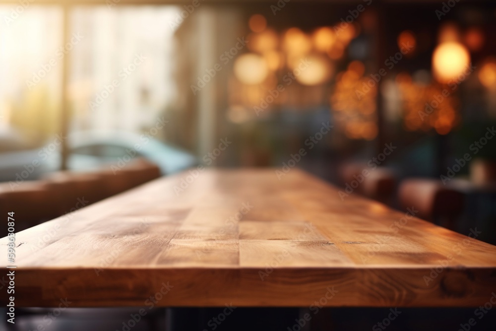 Empty Wooden Table Top with Blurred Interior Background: Natural Wood Created with Generative AI Empty Wooden Table Top with Blurred Interior Background: Natural Wood Created with Generative AI