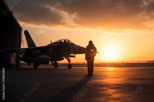 sunset back view of military fighter jet pilot beside parked military airforce plane next to barracks or hangar