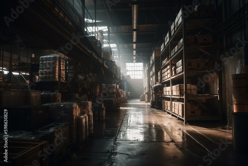 Interior of an industrial warehouse. Generative AI
