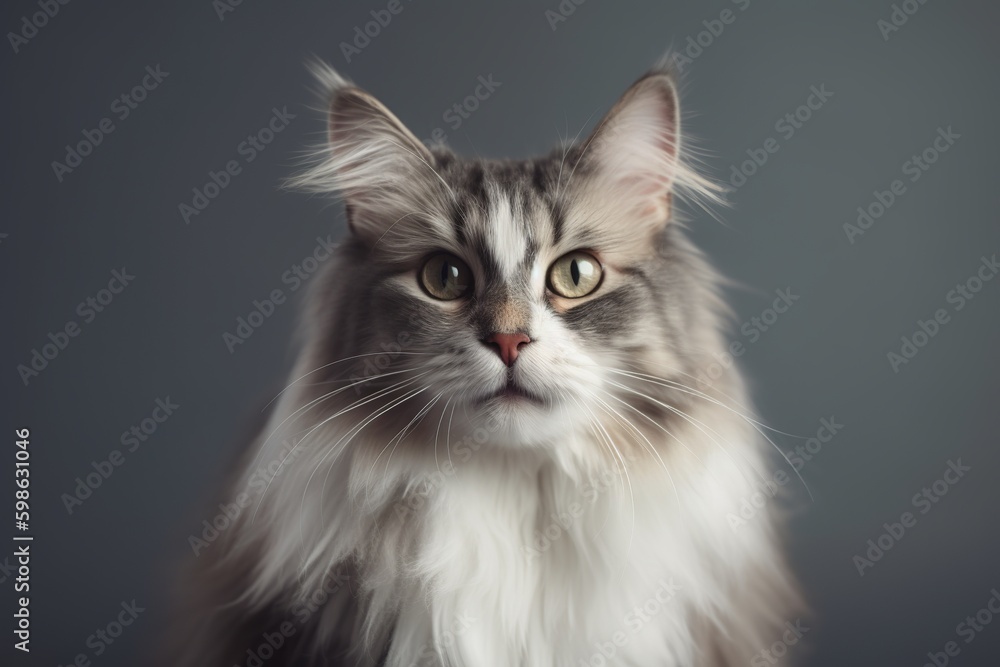 Happy fluffy cat on gray background from generative ai