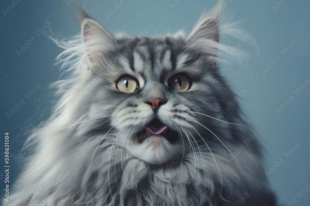 Happy fluffy cat on gray background from generative ai