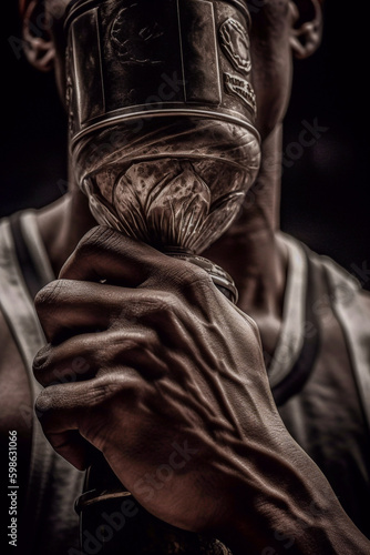 A close-up of a black athlete bringing his trophy up to his face to kiss it - ai generative © Giordano Aita