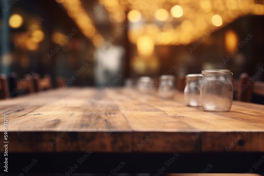Empty Wooden Table Top with Blurred Interior Background: Natural Wood Created with Generative AI