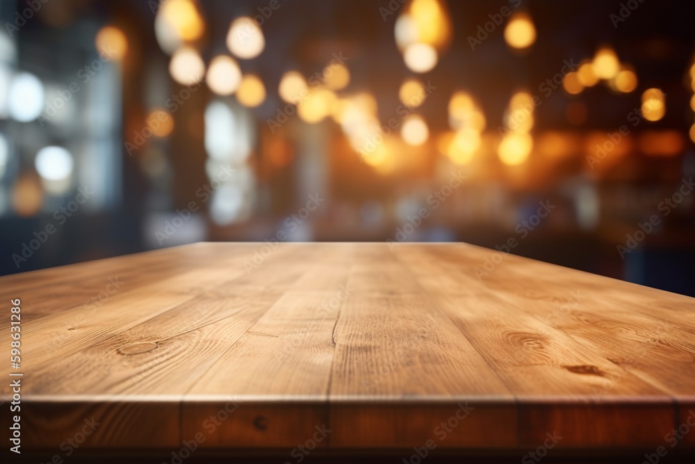 Empty Wooden Table Top with Blurred Interior Background: Natural Wood Created with Generative AI Empty Wooden Table Top with Blurred Interior Background: Natural Wood Created with Generative AI