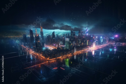 City of the future with neon skyline. Generative AI