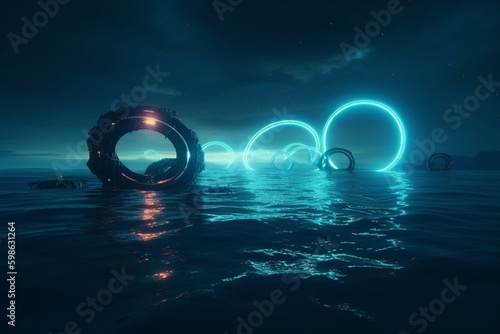 Retrofuturistic ocean scene with neon circles and copy space. Generative AI