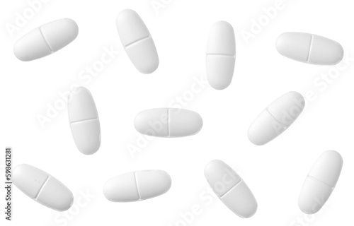 White tablets with half line, isolated on white background, top view.