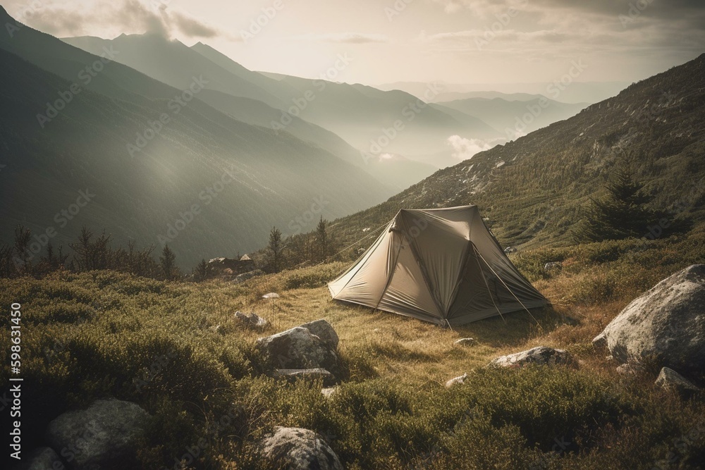 A tent pitched atop a natural vista, offering stunning vistas of the surroundings. Generative AI