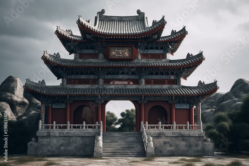 An isolated structure resembling a Chinese gate. Generative AI