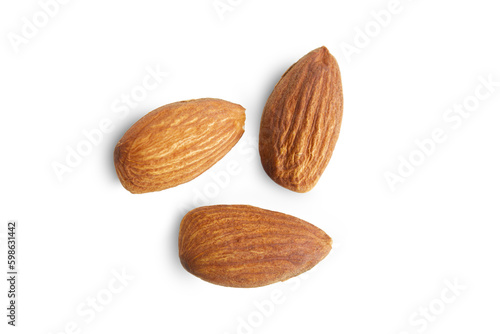 Fototapete Almonds isolated on white background, top view.
