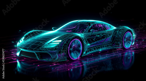 Futuristic sport car concept in neon colors. Future transportation. Driverless autonomous vehicle. Self driving car technology. Generative AI.