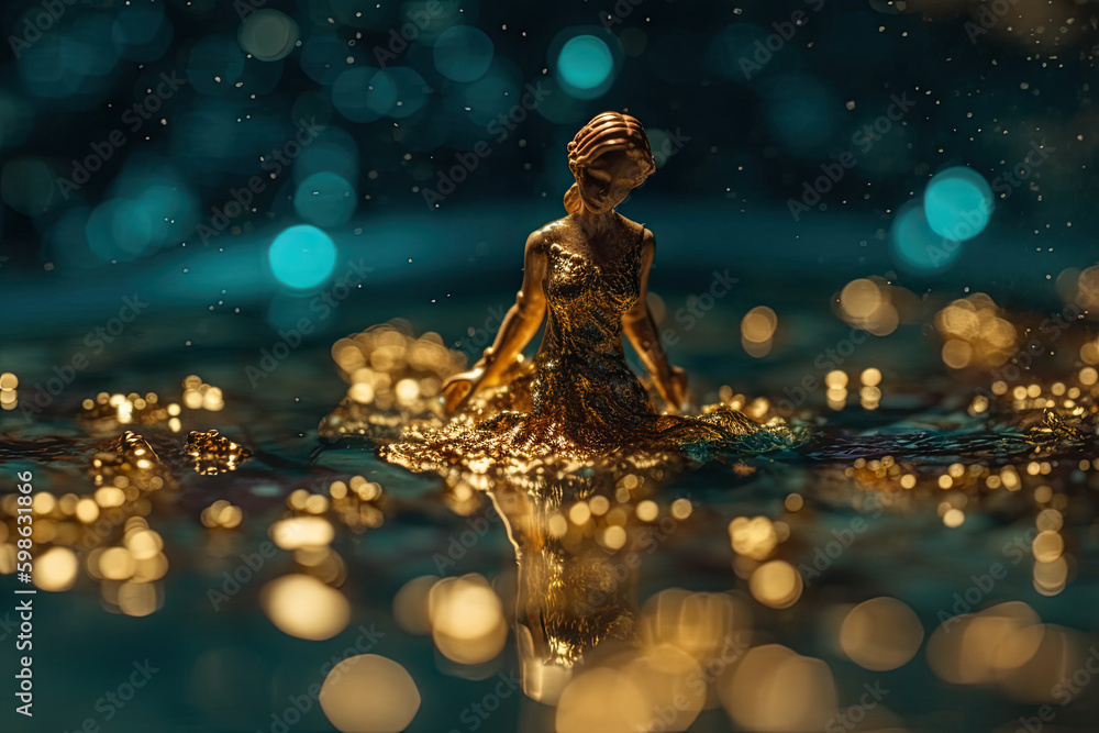 Miniature people figurine of girl in golden dress standing in water with sparkling blue backgound, created with Generative AI