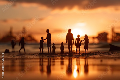 Large family silhouettes of miniature people figurines on beach at sunset  created with Generative AI