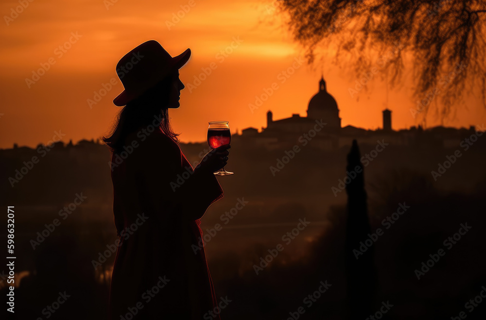 Delight in the enchanting scene of a woman tasting a glass of red wine against the backdrop of an Italian landscape at sunset. Wine tasting of Italy concept AI Generative