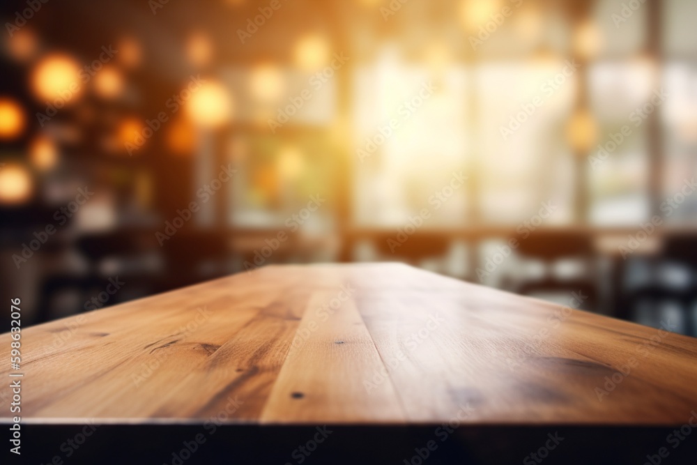 Empty Wooden Table Top with Blurred Interior Background: Natural Wood Created with Generative AI