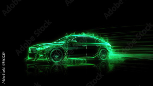 Green neon car in the dark  car on high speed   motion move