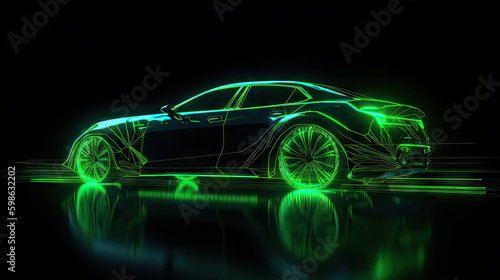 Green neon car in the dark, car on high speed , motion move