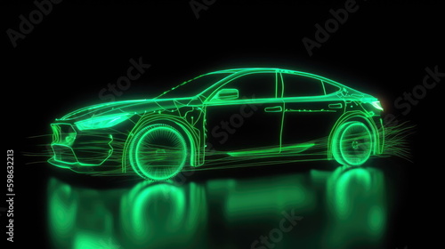 Green neon car in the dark, car on high speed , motion move © waranyu