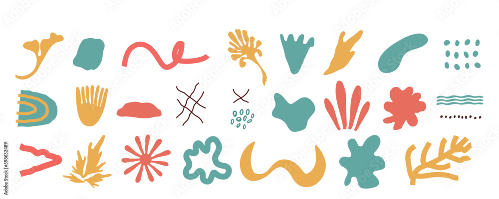Trendy abstract elements. Flower, line, dot, leaf, rainbow, circle. Simple forms. Hand drawn doodle isolated on white background. For print, banner, paper. Set of  icons. vector art illustration.