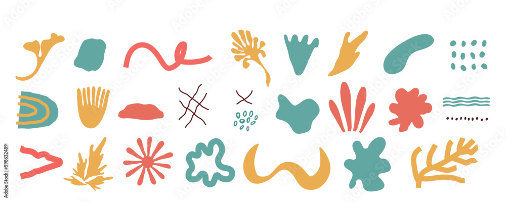 Trendy abstract elements. Flower, line, dot, leaf, rainbow, circle. Simple forms. Hand drawn doodle isolated on white background. For print, banner, paper. Set of icons. vector art illustration. Trendy abstract elements. Flower, line, dot, leaf, rainbow, circle. Simple forms. Hand drawn doodle isolated on white background. For print, banner, paper. Set of icons. vector art illustration.