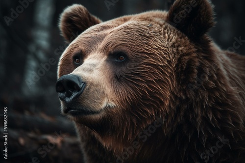 A brown grizzly bear is located in the forest, resembling a teddy bear. Generative AI