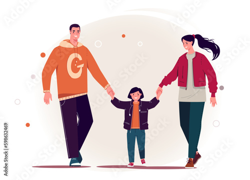 Stroll. Mom and dad hold hands little daughter, happiness and well-being in family. Vector characters flat cartoon illustration.
