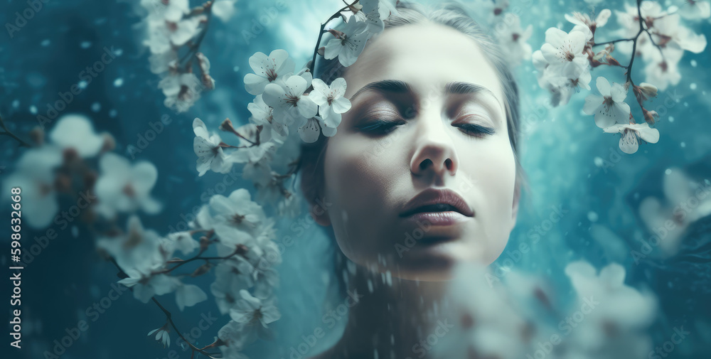 Floral Symphony. Discover the harmonious convergence of nature and visual artistry, as a woman becomes one with the flowing cyan waves, adorned with delicate flowers. Sensory concept AI Generative Floral Symphony. Discover the harmonious convergence of nature and visual artistry, as a woman becomes one with the flowing cyan waves, adorned with delicate flowers. Sensory concept AI Generative