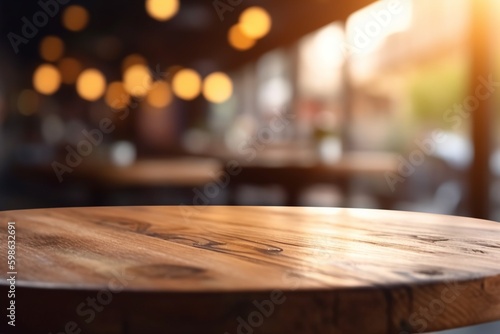 Empty Wooden Table Top with Blurred Interior Background: Natural Wood Created with Generative AI © dendyh7