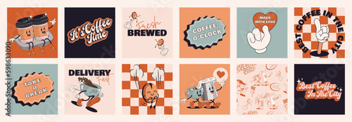 Photo Coffee retro cartoon fast food posters and cards