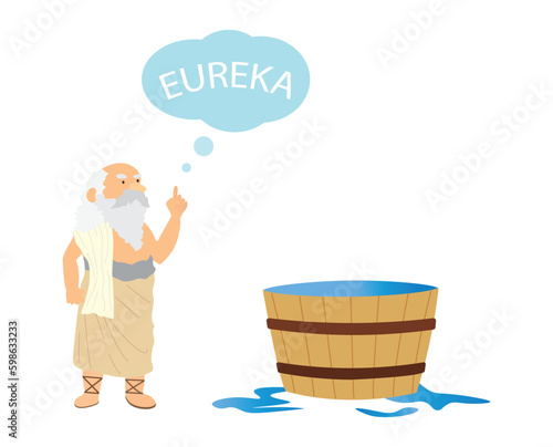 illustration of physics, archimedes of syracusa ancient genius mathematician inventor saying eureka in the bath, archimedes of syracusa ancient genius mathematician inventor saying eureka in the bath