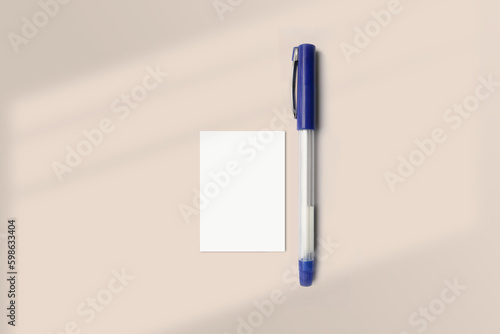 Realistic A8 paper flatlay mockup with a pen. Portrait A8 International Paper Size mockup top view. Simple, clean, modern, minimal super small paper mock up flat lay concept