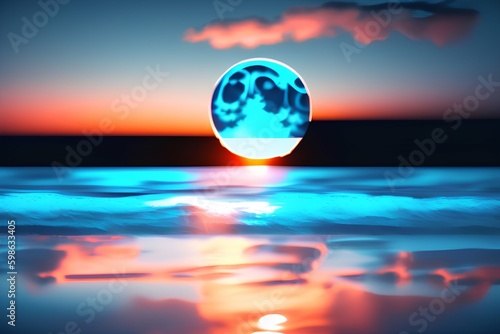 Light Blue Sunset on black background and Moon reflection in the water - generative ai