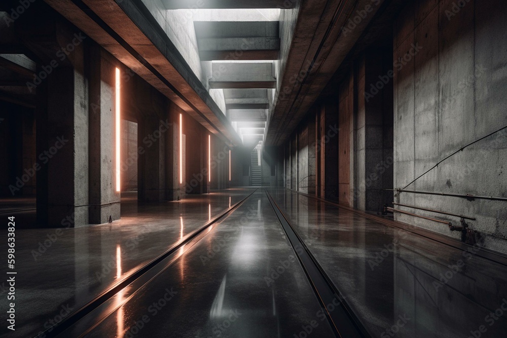 Highly detailed desolate concrete space, complete with illuminating stripes and reflections. Rendered in 3D. Generative AI
