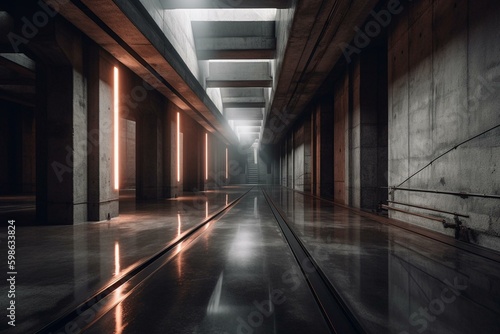 Highly detailed desolate concrete space, complete with illuminating stripes and reflections. Rendered in 3D. Generative AI © Esmay