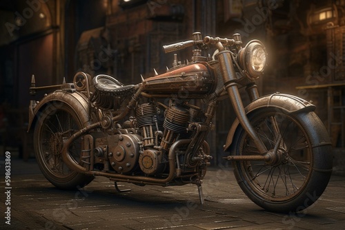 Steampunk motorcycle with historical backdrop. 3D rendering. Generative AI