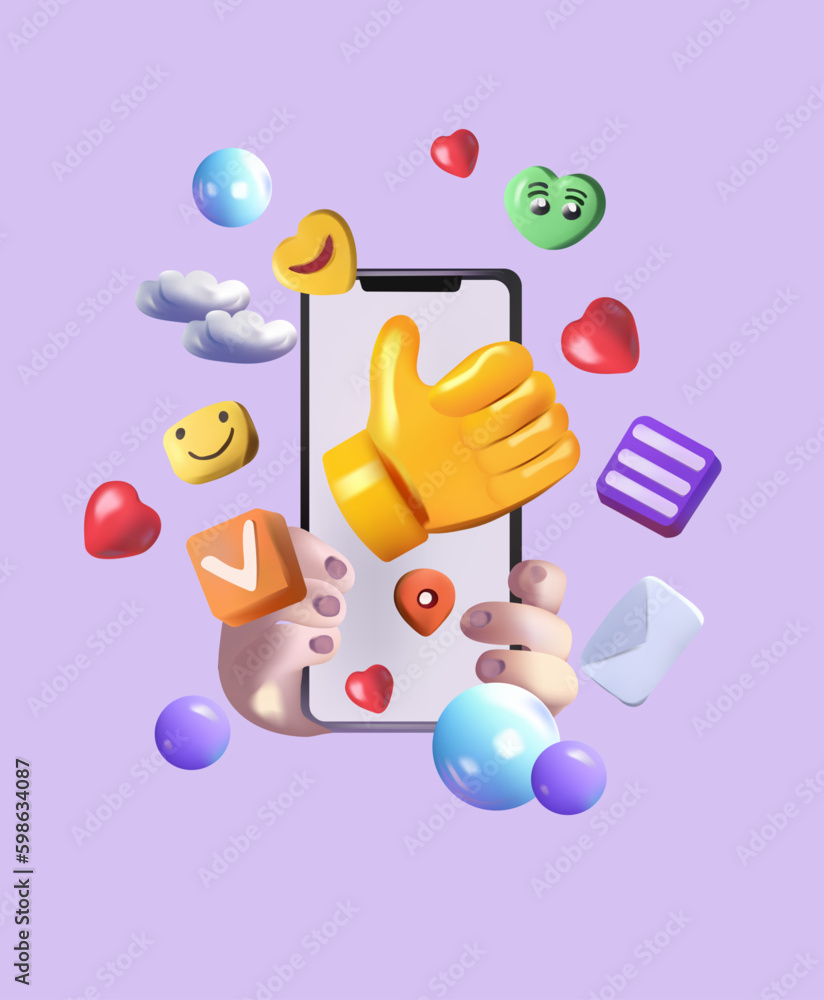 Innovative 3D concept for a virtual social networking platform. Mobile phone with volumetric icons, emojis, comments, hearts, thumbs-up. Concept communication applications. Vector Generative AI Innovative 3D concept for a virtual social networking platform. Mobile phone with volumetric icons, emojis, comments, hearts, thumbs-up. Concept communication applications. Vector Generative AI
