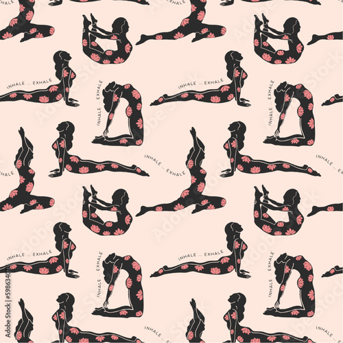 Seamless pattern of female silhouettes in yoga poses with lotuses and inhale exhale as supporting elements. Done in black and pink, this is great for yoga mat designs, journals, workout wear, wall art