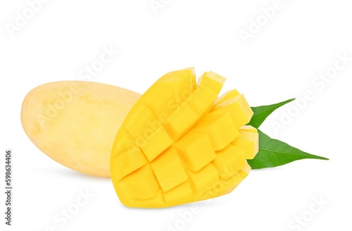 Mango fruit with mango cubes and leaves isolated on a white background. Organic food.